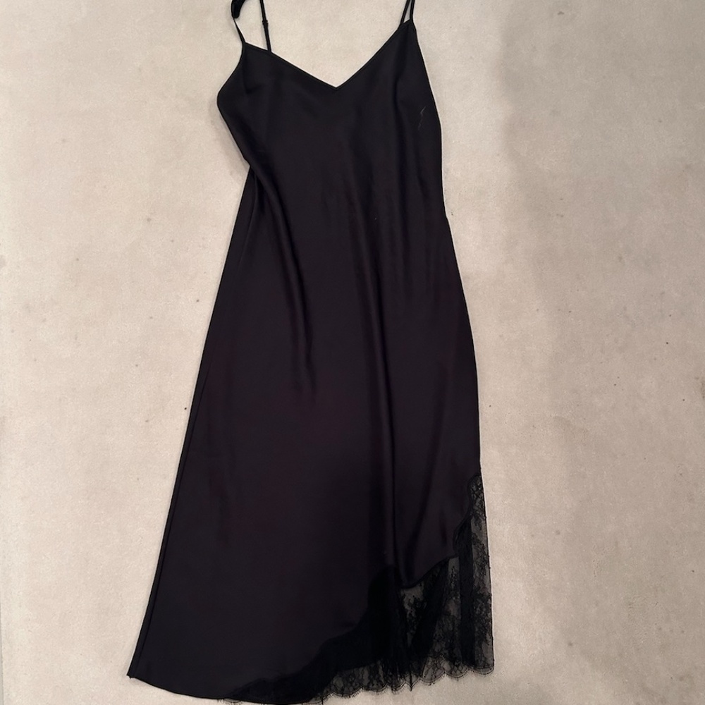 Artizia black silk midi dress with lace trim on bottom
